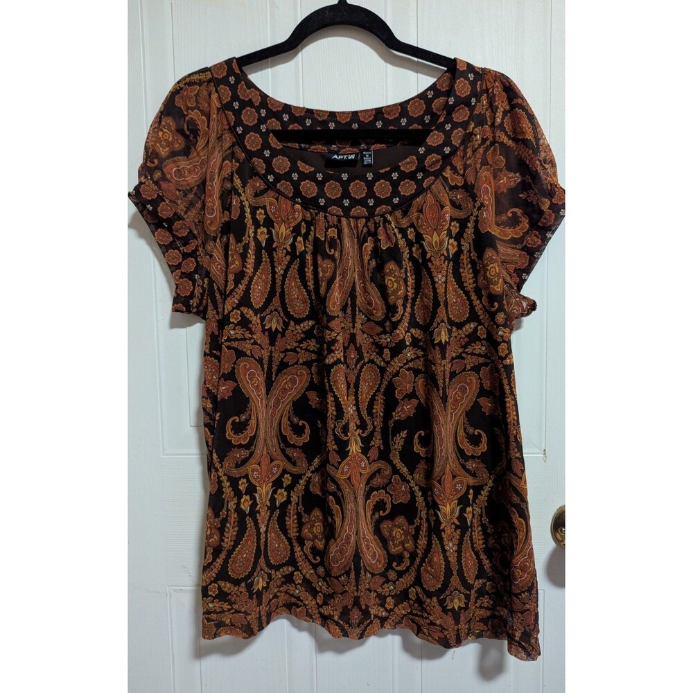 Apt. 9 Women's Plus 1X Paisley Mesh Lined Scoop Neck Blouse Shirt Retro Fall